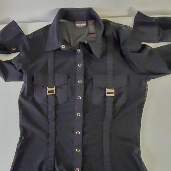 Bisou Bisou Sheer Black Top Size M Snap Front Buckle Pocket Shirt Cyber Goth - Picture 5 of 13